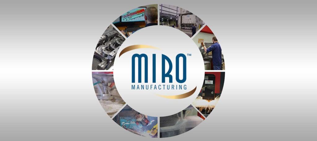 Miro logo surrounded by pictures represented the company's expanded contract manufacturing capabilities.