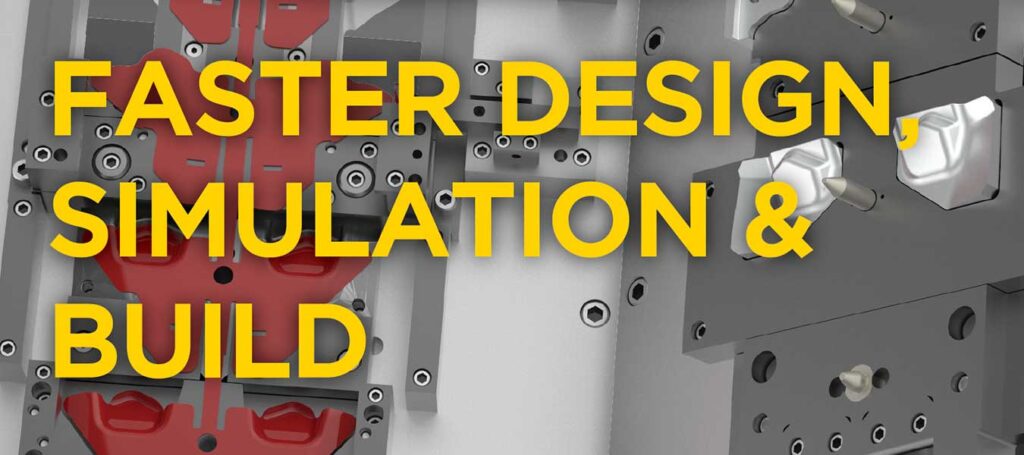 A 3D design of a die designed by Miro Manufacturing is overlayed with the words, "Faster Design, Simulation & Build."