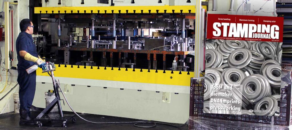 Miro Manufacturing employee operating a large press capable of production stamping. The cover art for the May/June 2017 issue of Stamping Journal is on the right.