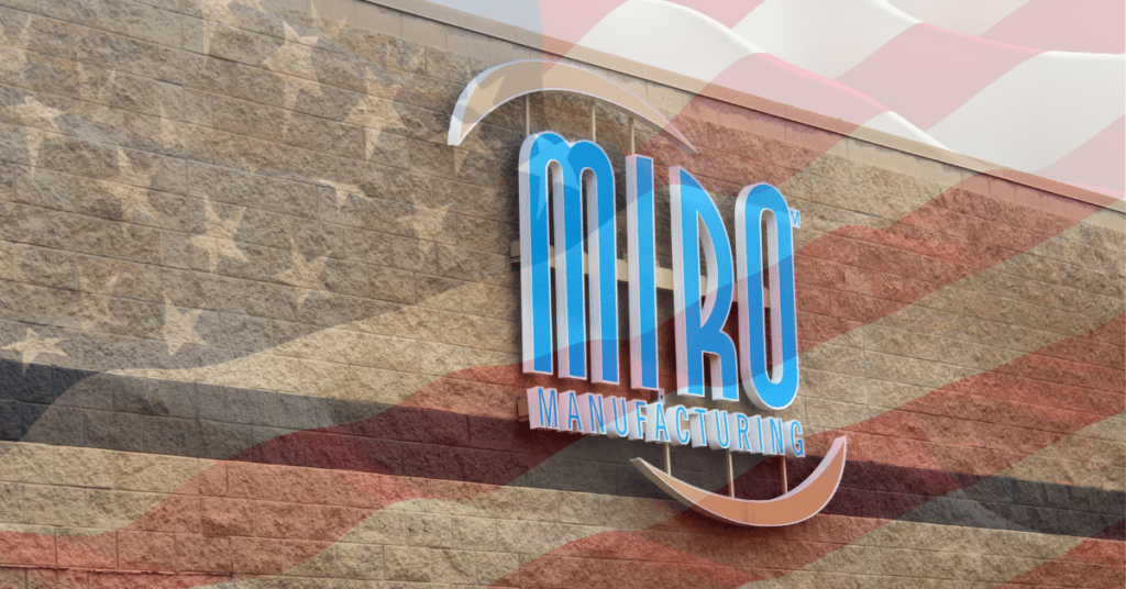 MIro Manufacturing building with American flag overlay, representing reshoring manufacturing in the United States.