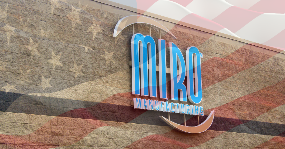 Miro Manufacturing building with American flag overlay, representing reshoring manufacturing in the United States.